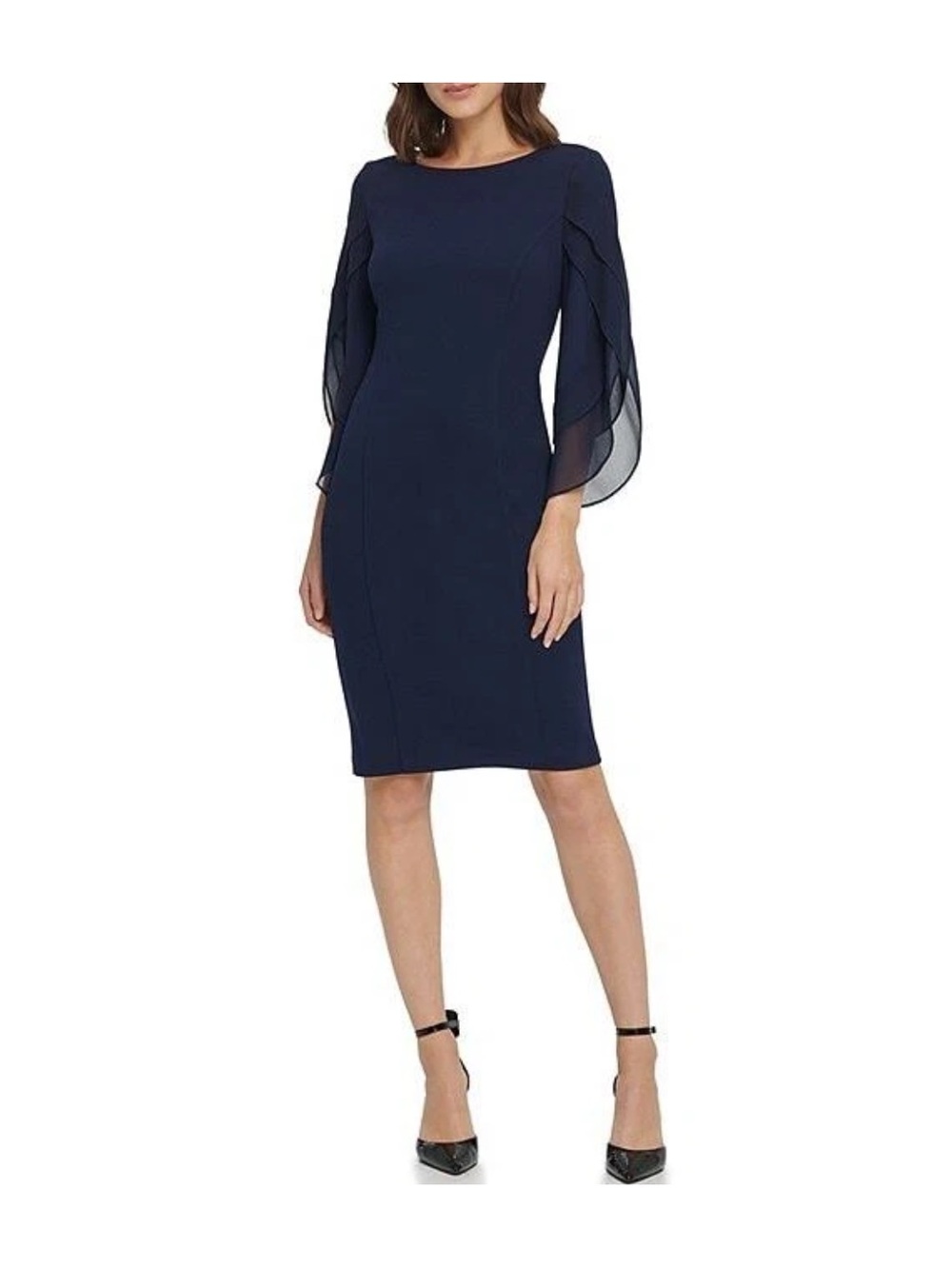 DKNY Navy Midi Sheath Dress with Chiffon Draped Sleeves